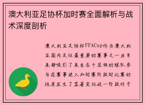 澳大利亚足协杯加时赛全面解析与战术深度剖析